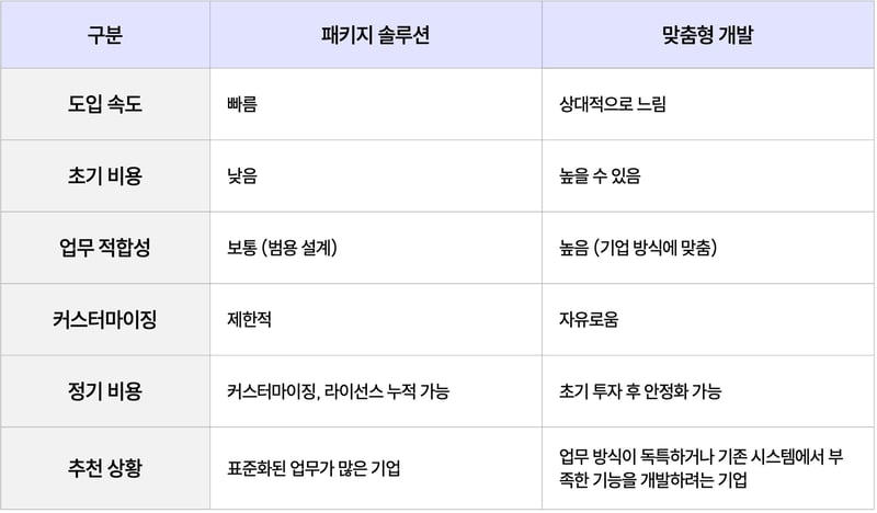 업무관리시스템 도입방식_패키지솔루션과 맞춤형 개발 방식 비교표